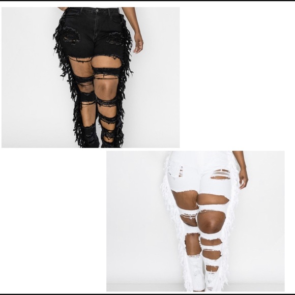 Plus Size Denim Distreesd Pants w/ Fringes - Picture 2 of 6